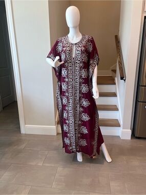 Embroidered Maroon Caftan Dress